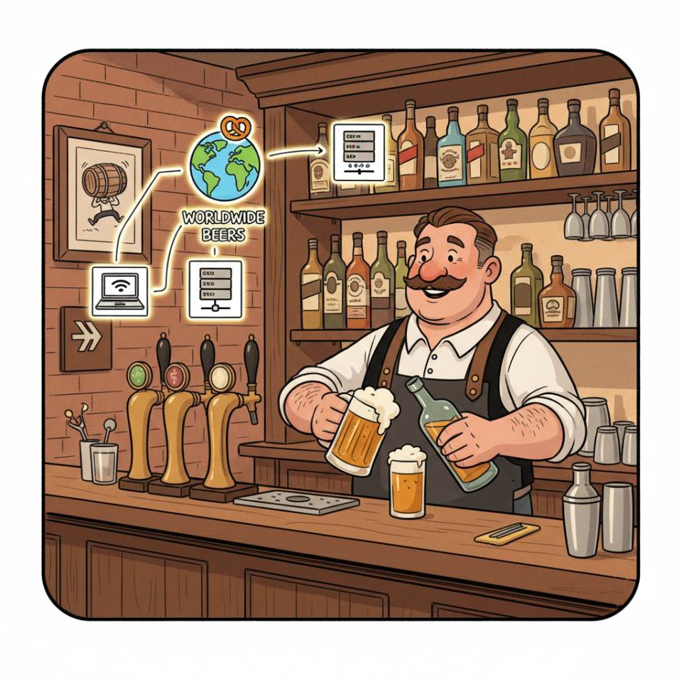 Comic-Darstellung eines Barkeepers hinter einer gut beleuchteten Bar mit Cocktail-Shaker