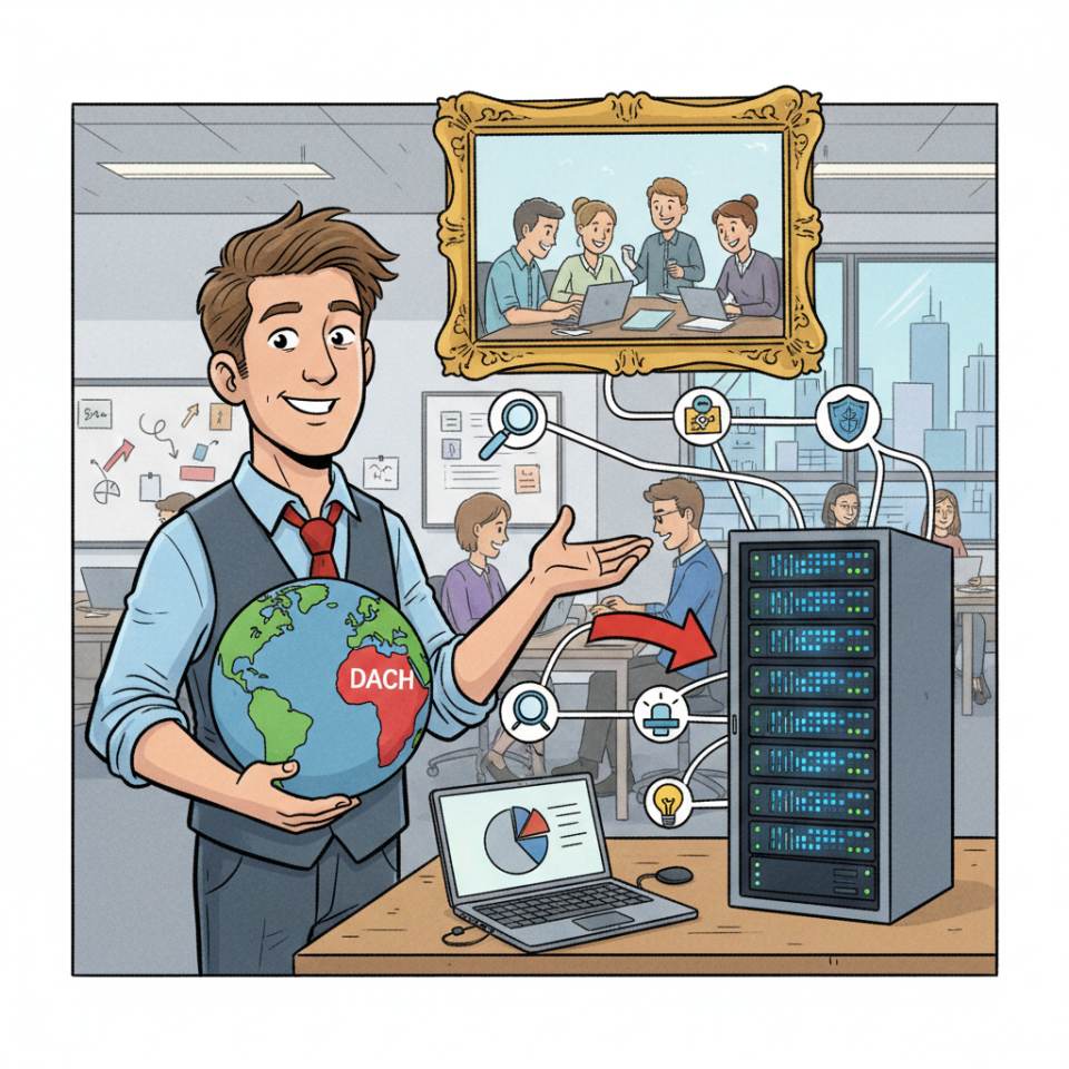 Comic-Darstellung eines Bereichsleiters mit Tablet, Organigramm und Team im Büro
