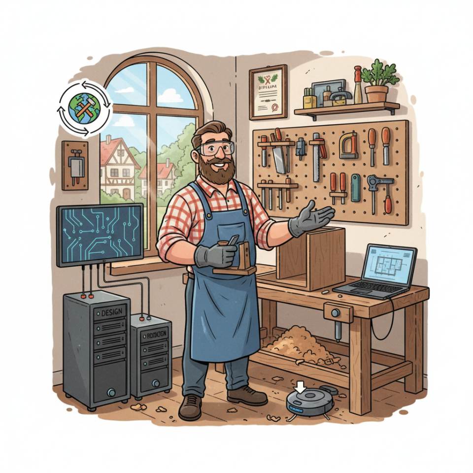 Comic-Darstellung eines Schreiners mit Hobel und Maßband an einer Holzwerkbank in der Werkstatt
