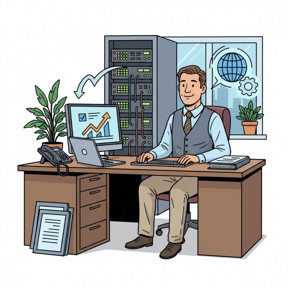 Comic illustration of an office clerk at a desk with laptop, folders and calendar