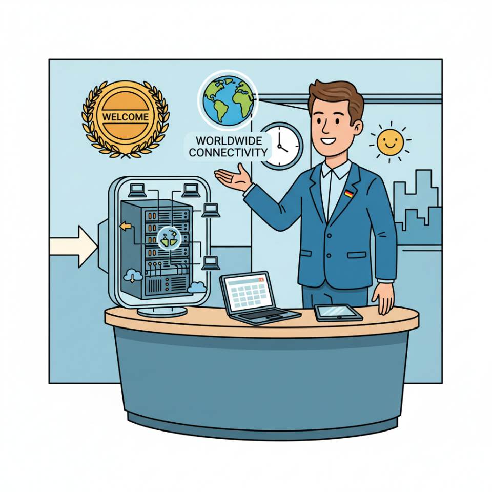 Comic illustration of a receptionist behind a front desk with phone, computer and guest book