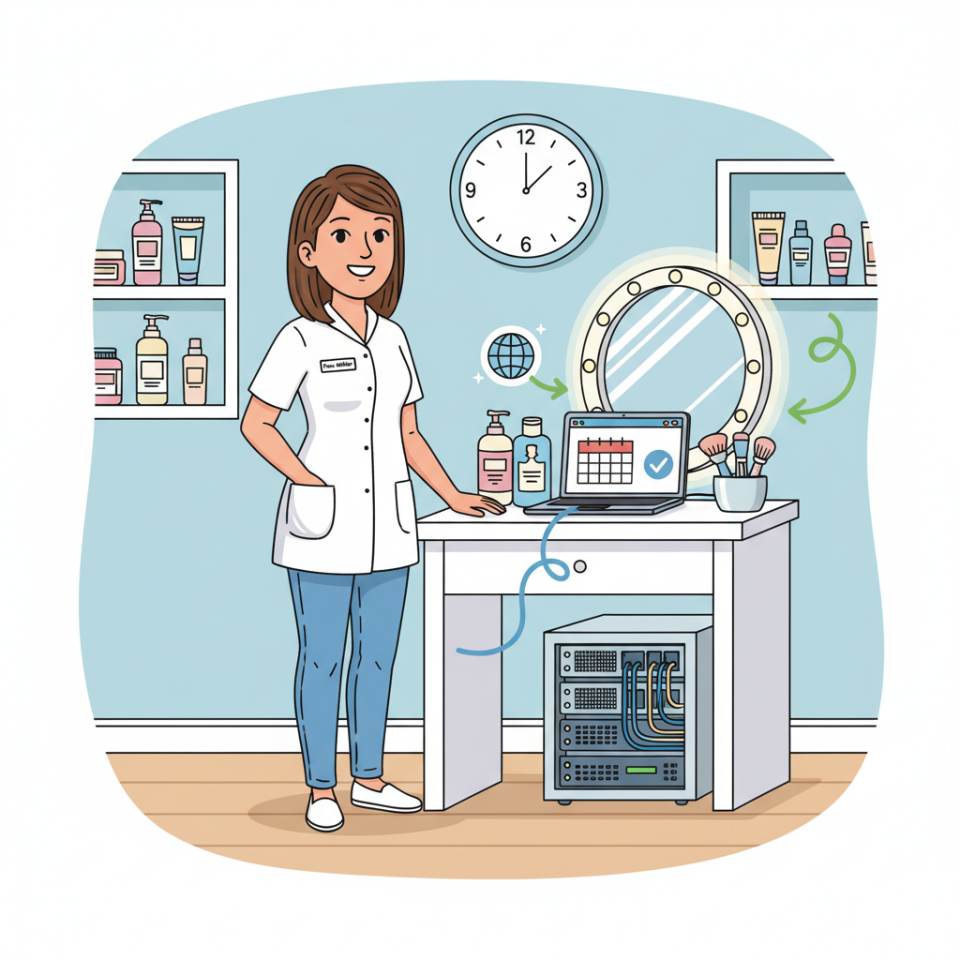 Comic illustration of a beautician performing a facial treatment in a beauty studio