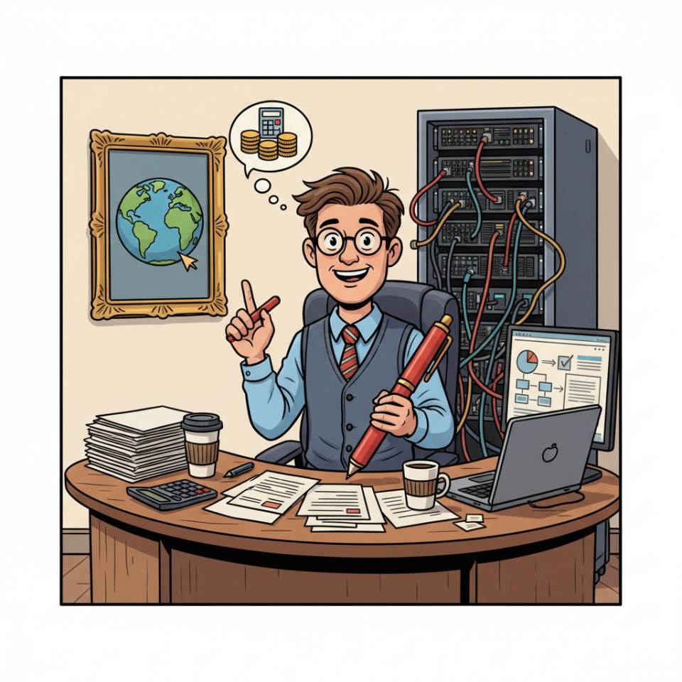 Comic illustration of a Steuerfachwirt at a desk with balance-sheet documents, laptop, calculator and client files