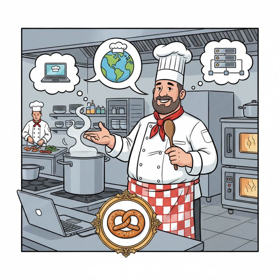 Ilustración tipo cómic de un jefe de cocina con chaquetilla, portapapeles, equipo de cocina y estación de fogones